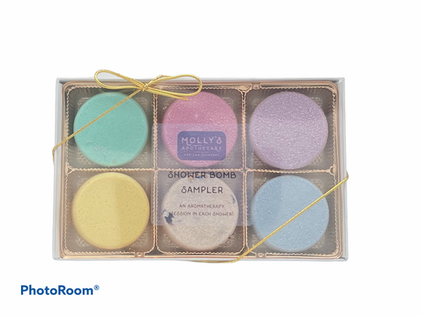 Shower Bomb sampler pack. 6 mini bombs. Each bomb is a different color and scent. 